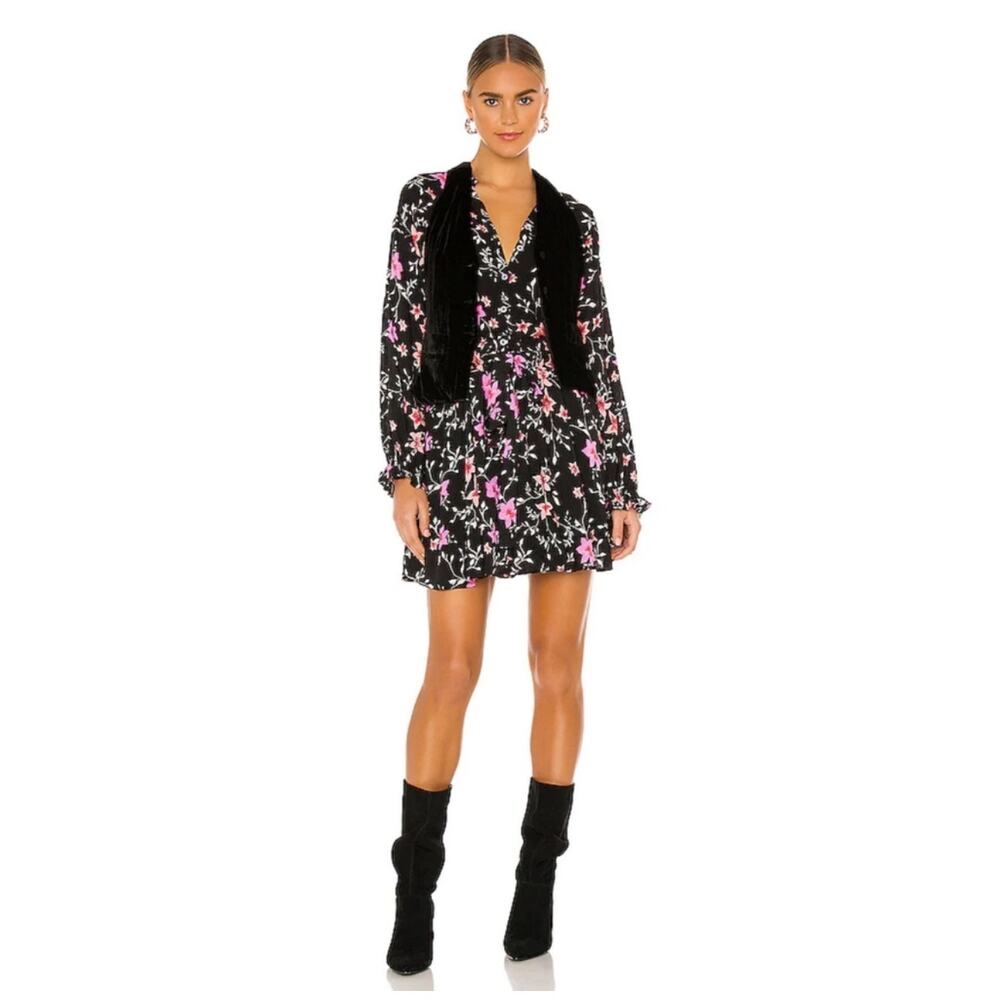Free People Lighten Up Floral Long Sleeve Collared Black Pink Mini Dress Medium